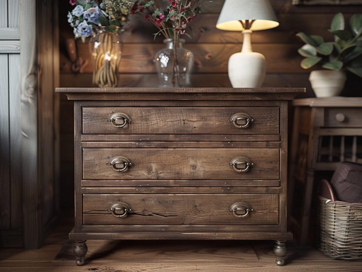 Drewniana komoda w stylu rustykalnym z trzema szufladami