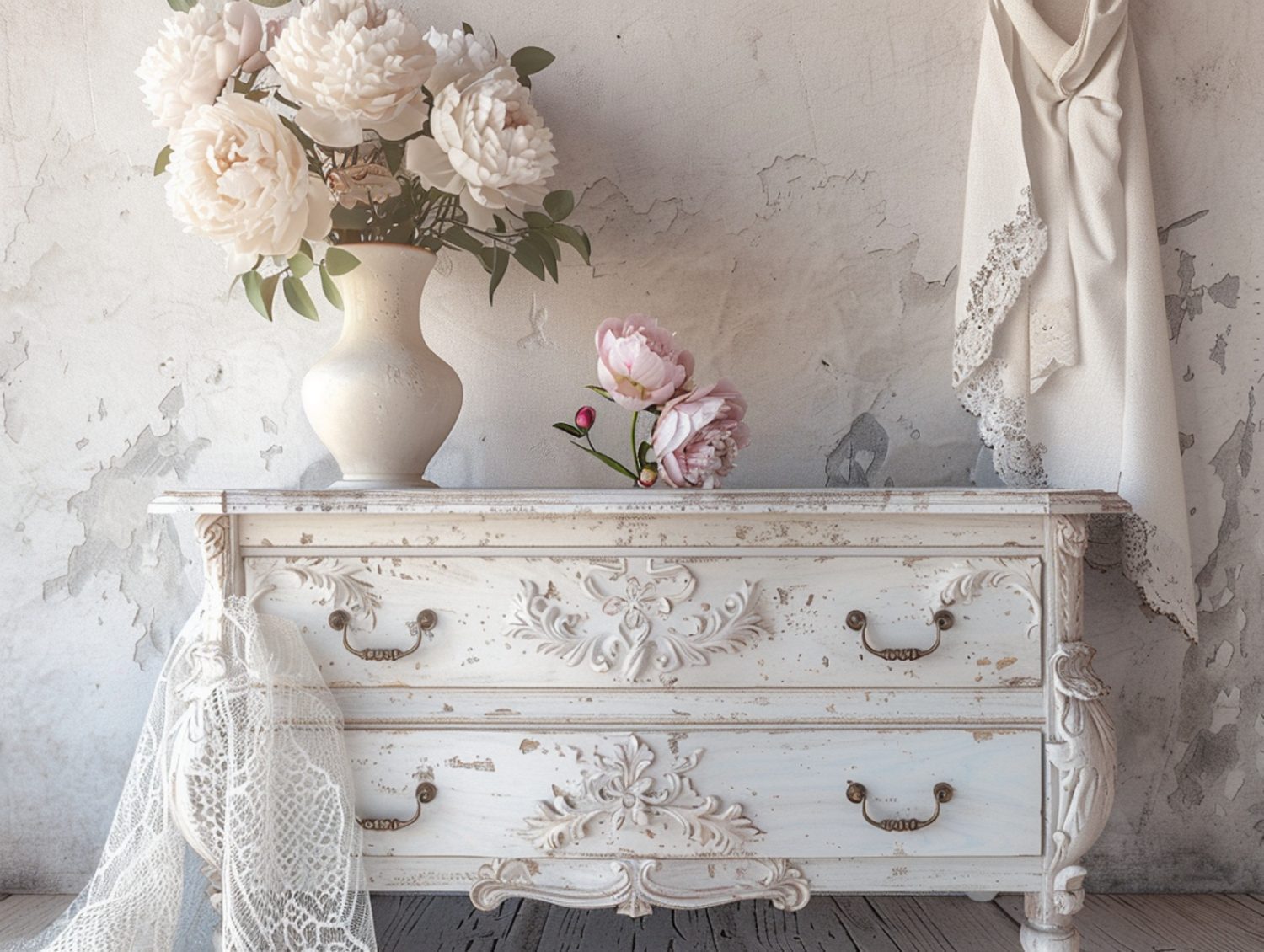 Biała komoda z ozdobnymi frezami i uchwytami retro