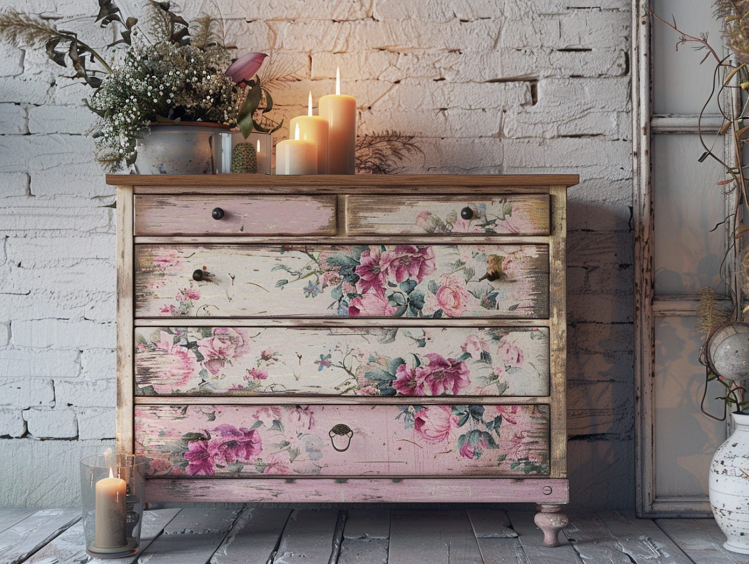 Ręcznie malowana komoda z kwiatowym motywem w stylu vintage