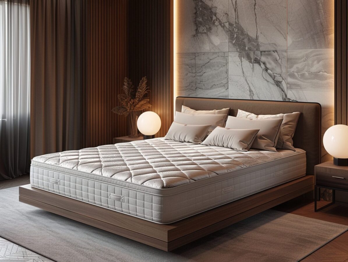 Nowoczesne łóżko z tapicerowanym zagłówkiem i oświetleniem LED