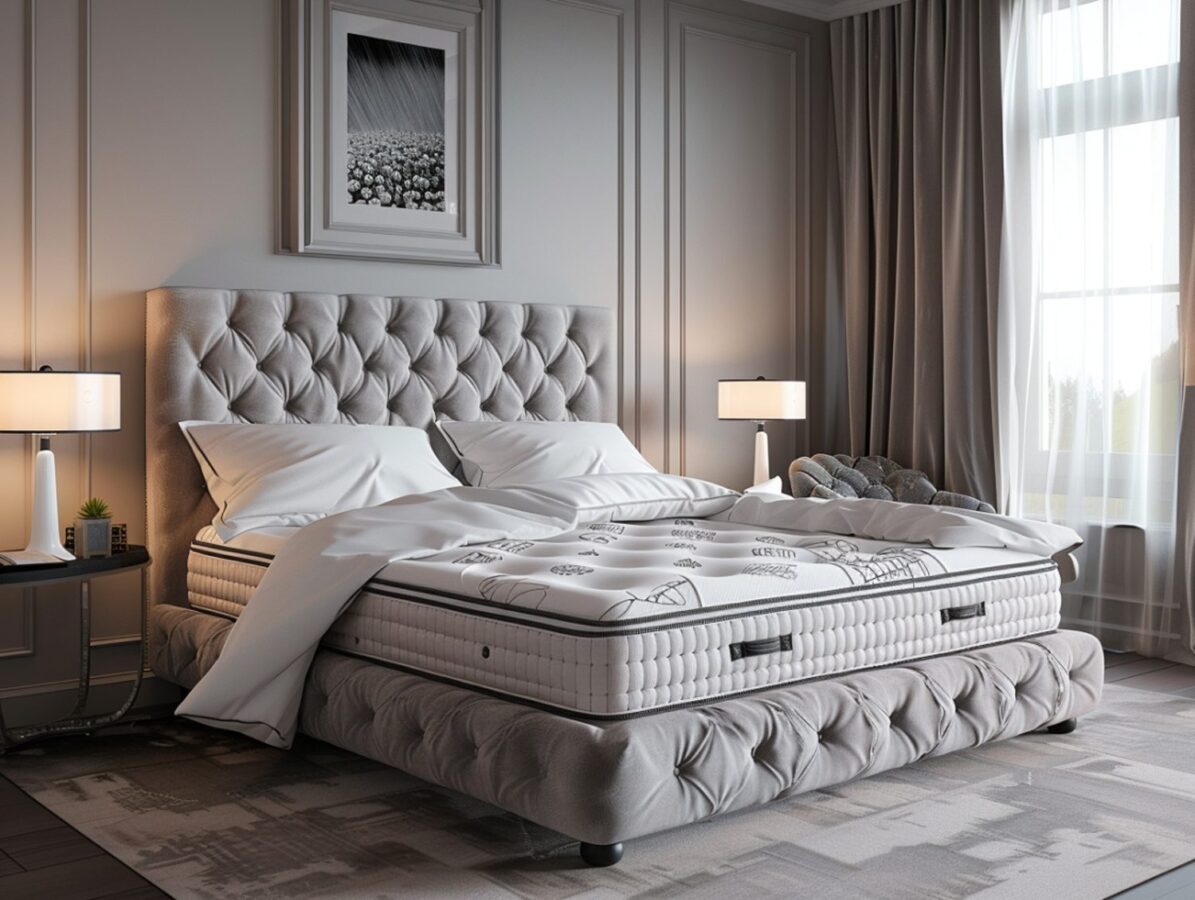 Luksusowe łóżko tapicerowane z pikowanym zagłówkiem i materacem