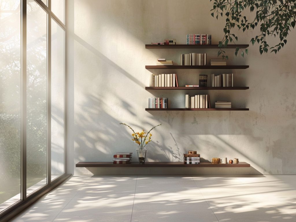 Nowoczesna biblioteczka z półkami i roślinami doniczkowymi