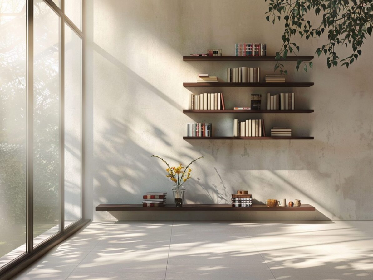 Nowoczesna biblioteczka z półkami i roślinami doniczkowymi