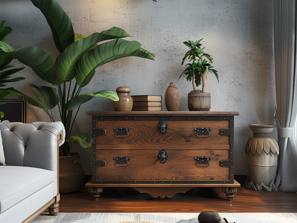 Klasyczna komoda z drewna z metalowymi uchwytami i ozdobami