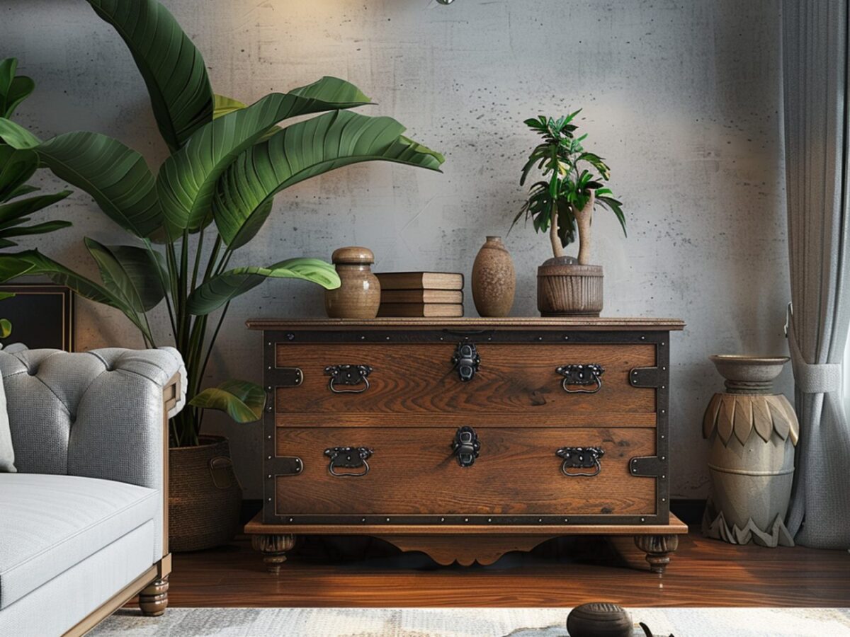 Klasyczna komoda z drewna z metalowymi uchwytami i ozdobami