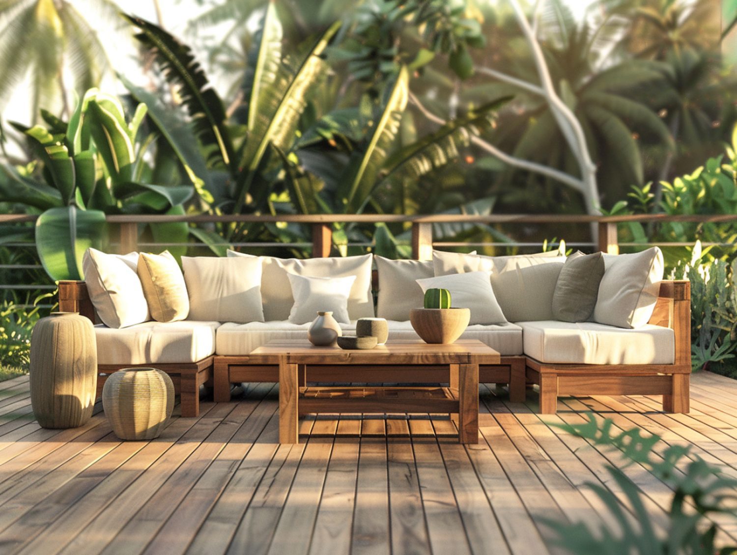 Drewniany zestaw ogrodowy z beżowymi poduszkami w stylu tropikalnym