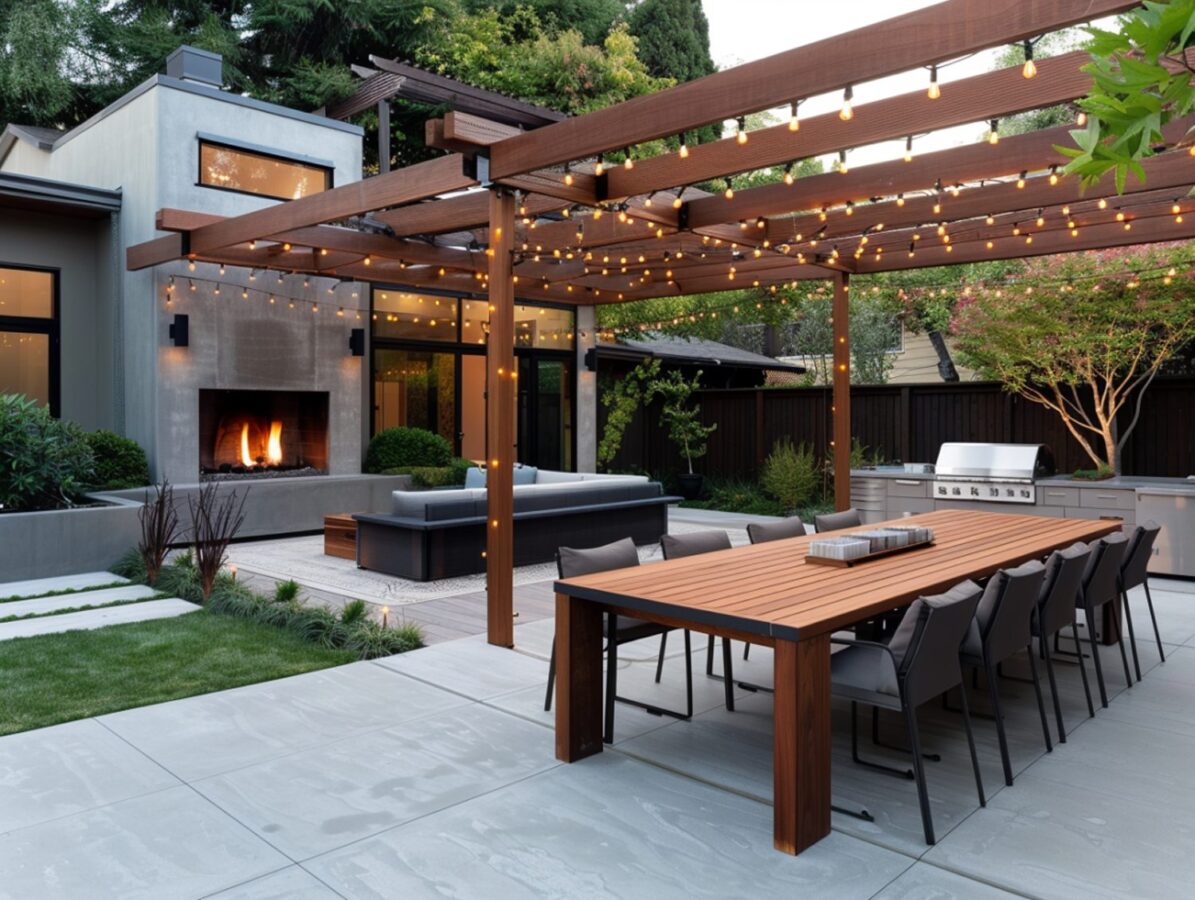 Nowoczesna pergola z zestawem ogrodowym z drewna i oświetleniem