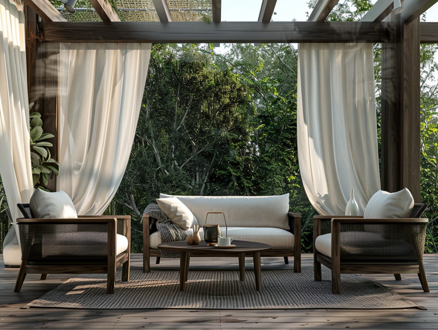 Nowoczesny zestaw ogrodowy z zasłonami i drewnianym stolikiem