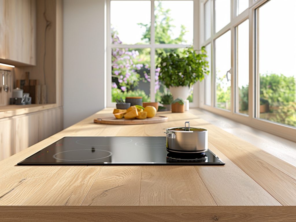 Drewniany blat z płytą indukcyjną w jasnej kuchni z dużym oknem