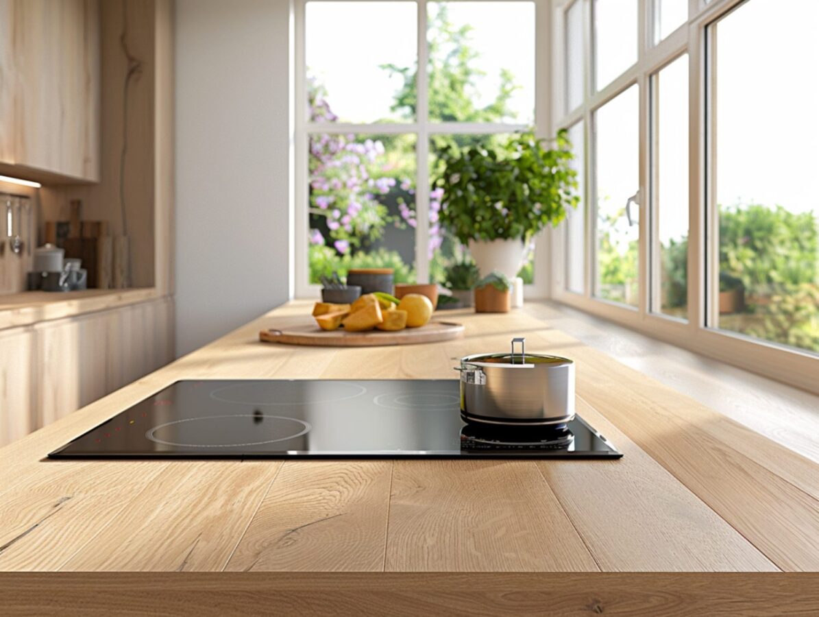 Drewniany blat z płytą indukcyjną w jasnej kuchni z dużym oknem