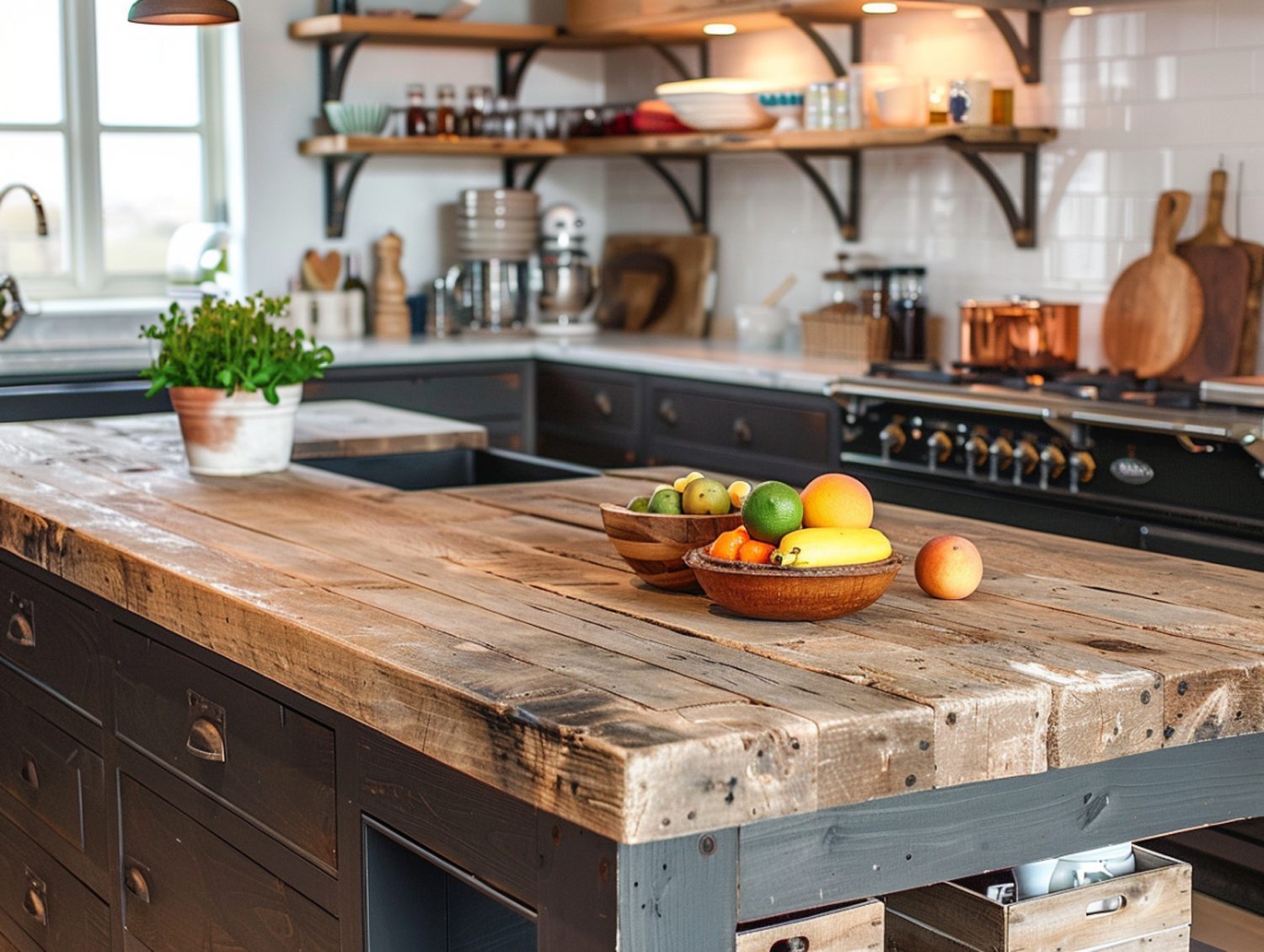 Rustykalna kuchnia z drewnianą wyspą i misą z owocami