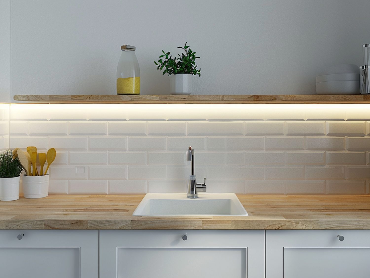 Nowoczesna kuchnia z białymi szafkami i drewnianym blatem