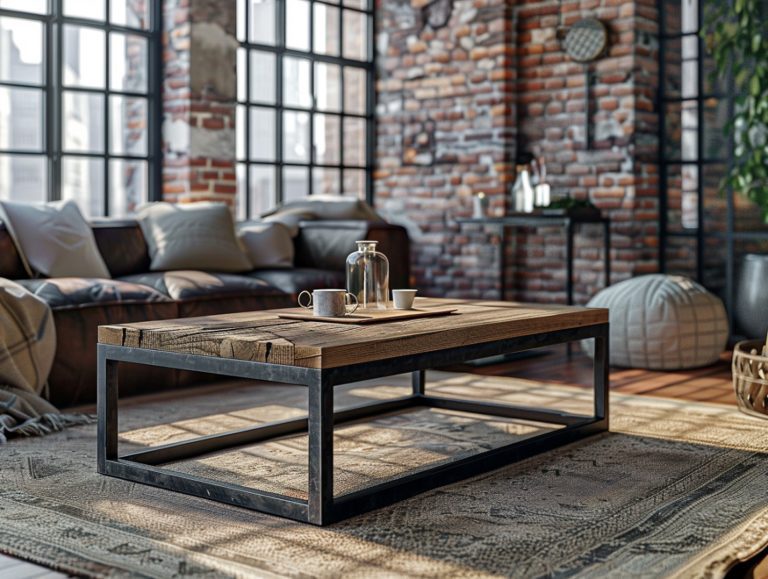 Loftowy stolik kawowy z drewnianym blatem i metalową podstawą