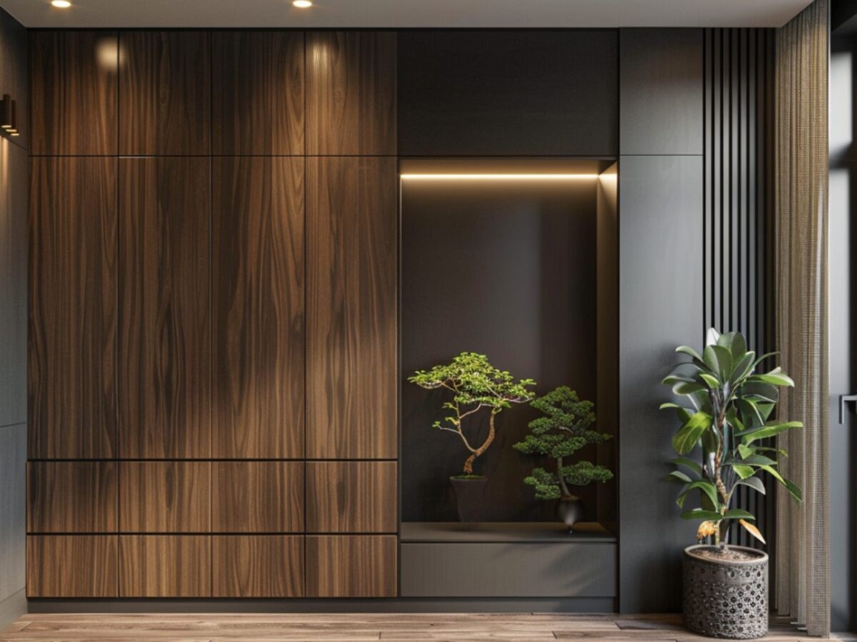 Dekoracyjna zabudowa ścienna z fornirem orzechowym i podświetleniem