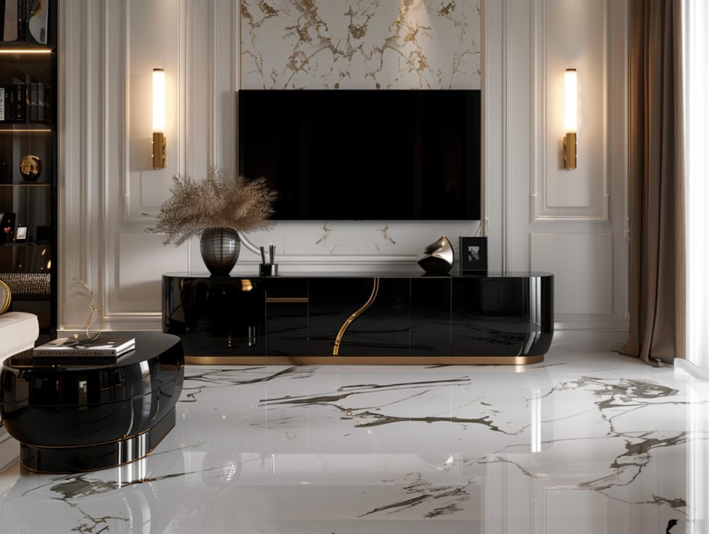 Luksusowy salon glamour z czarną szafką RTV i marmurową podłogą