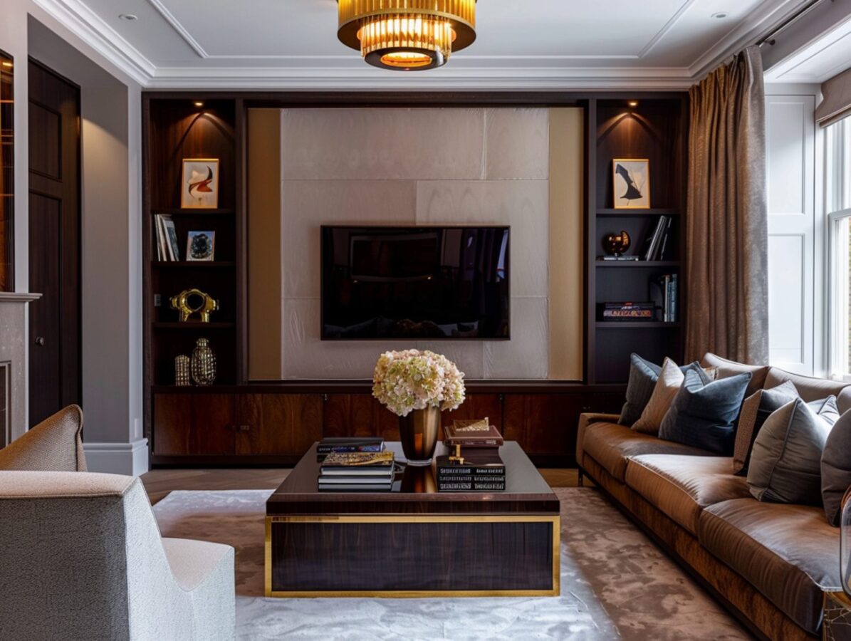 Salon z telewizorem ściennym i ciemnymi meblami w stylu glamour