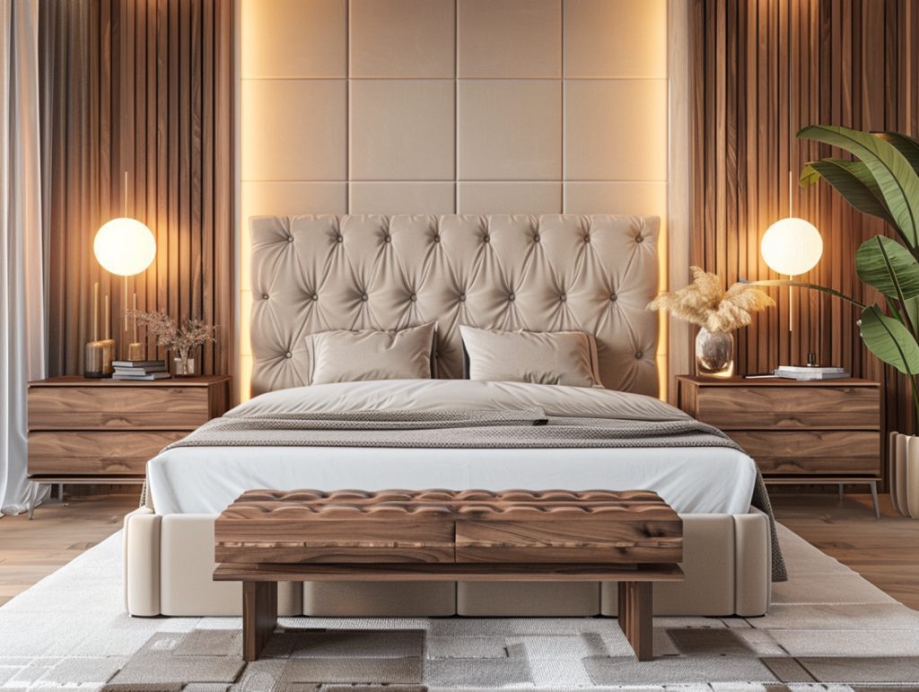 Łóżko tapicerowane z wysokim pikowanym zagłówkiem i drewnianą ławką