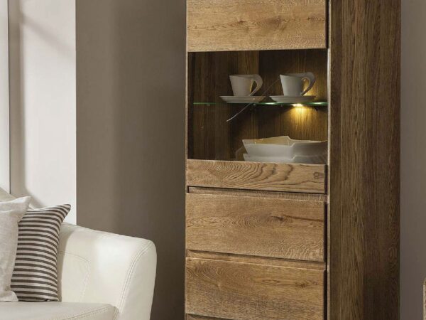 Witryna z trzema szufladami i przeszkleniem – ciepłe oświetlenie LED