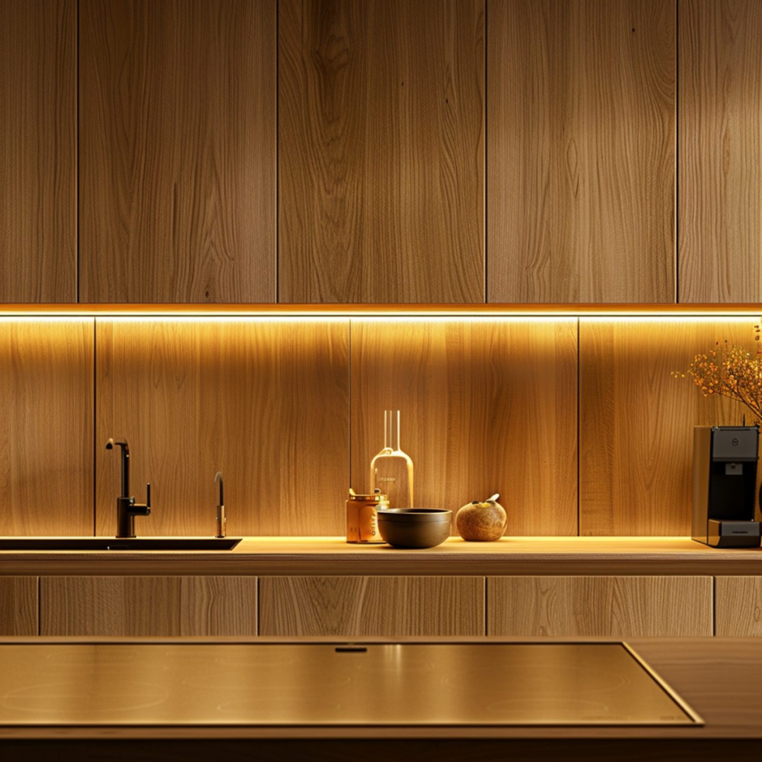 Minimalistyczna kuchnia z dębowym frontem i oświetleniem LED