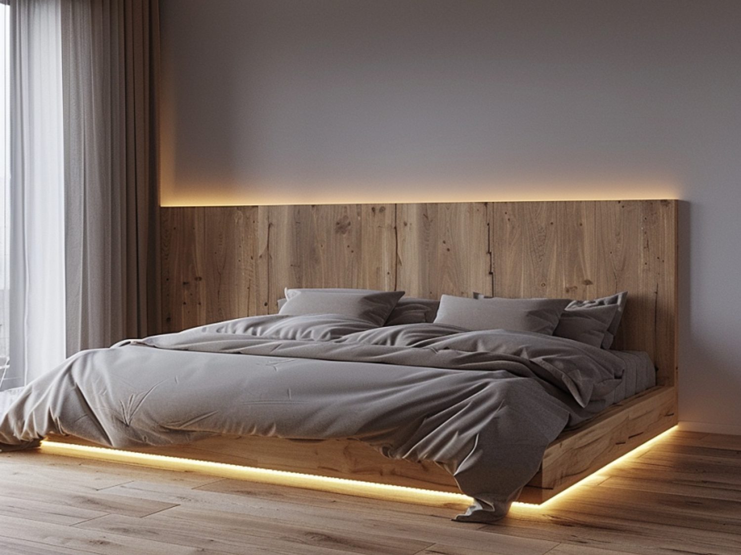 Łóżko z tapicerowanym zagłówkiem i podświetlaną ramą w stylu hotelowym