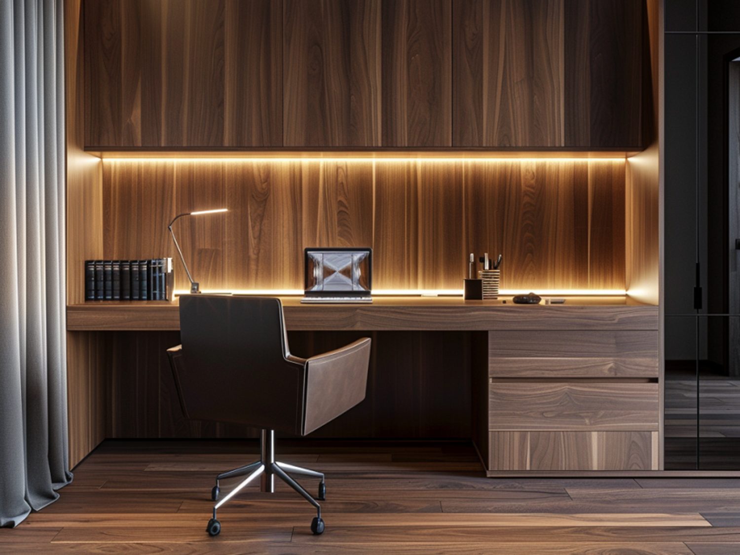Drewniane biurko z podświetleniem LED w nowoczesnym gabinecie