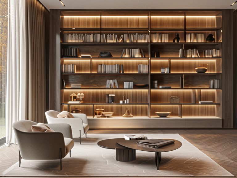 Zabudowa biblioteczna z oświetleniem LED i miejscem do pracy