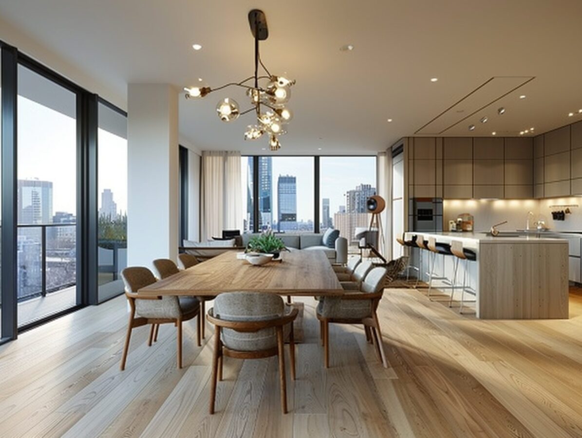 Nowoczesna jadalnia z drewnianym stołem i tapicerowanymi krzesłami