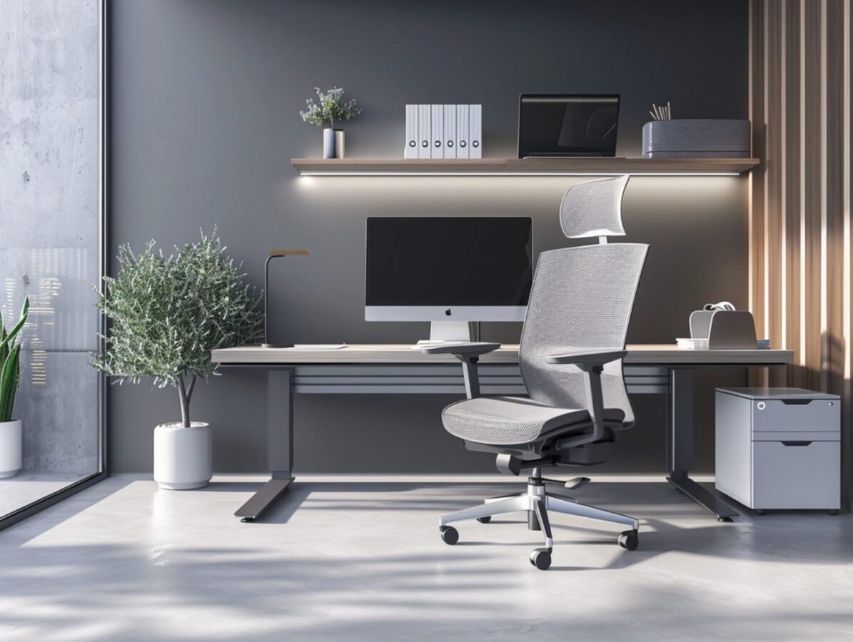 Minimalistyczne stanowisko komputerowe z szarą ergonomiczną sylwetką