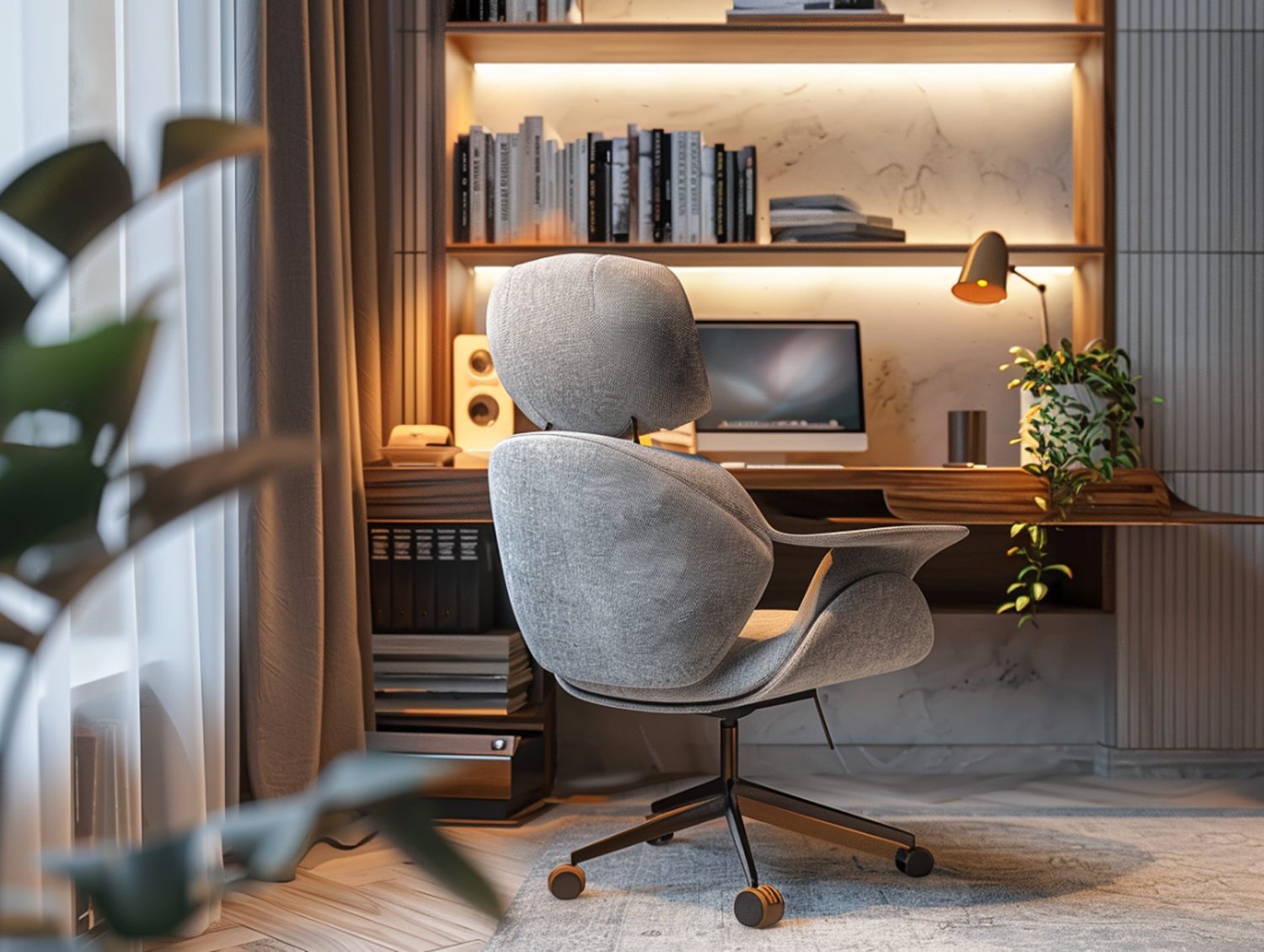 Ergonomiczny szary fotel biurowy w nowoczesnym domowym gabinecie