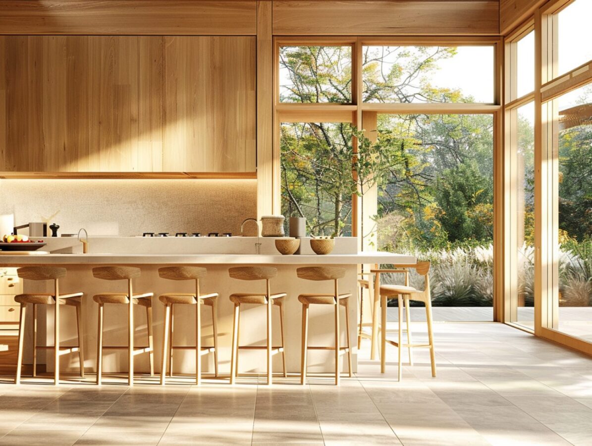 Nowoczesna kuchnia z wysokim drewnianym barkiem i hokerami