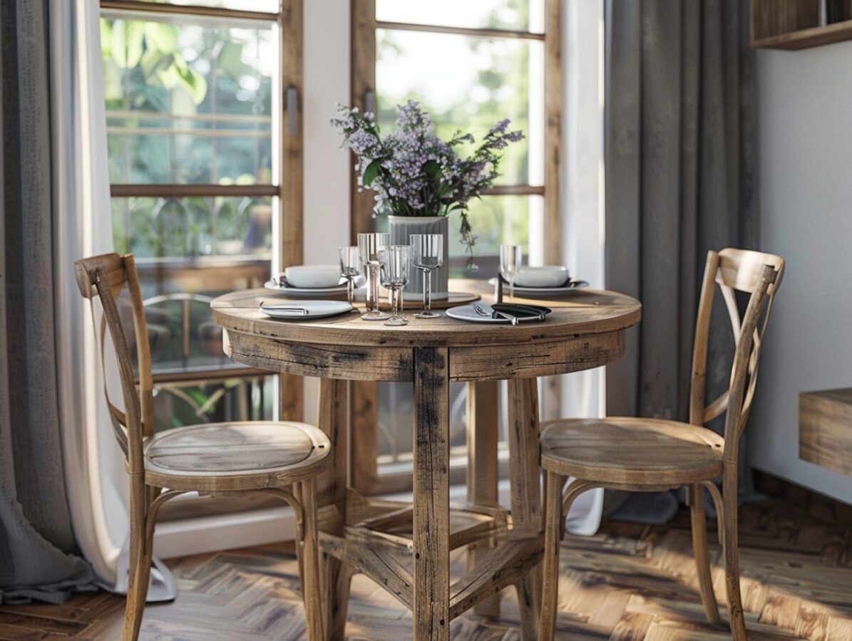 Okrągły stół drewniany z czterema krzesłami w stylu rustykalnym
