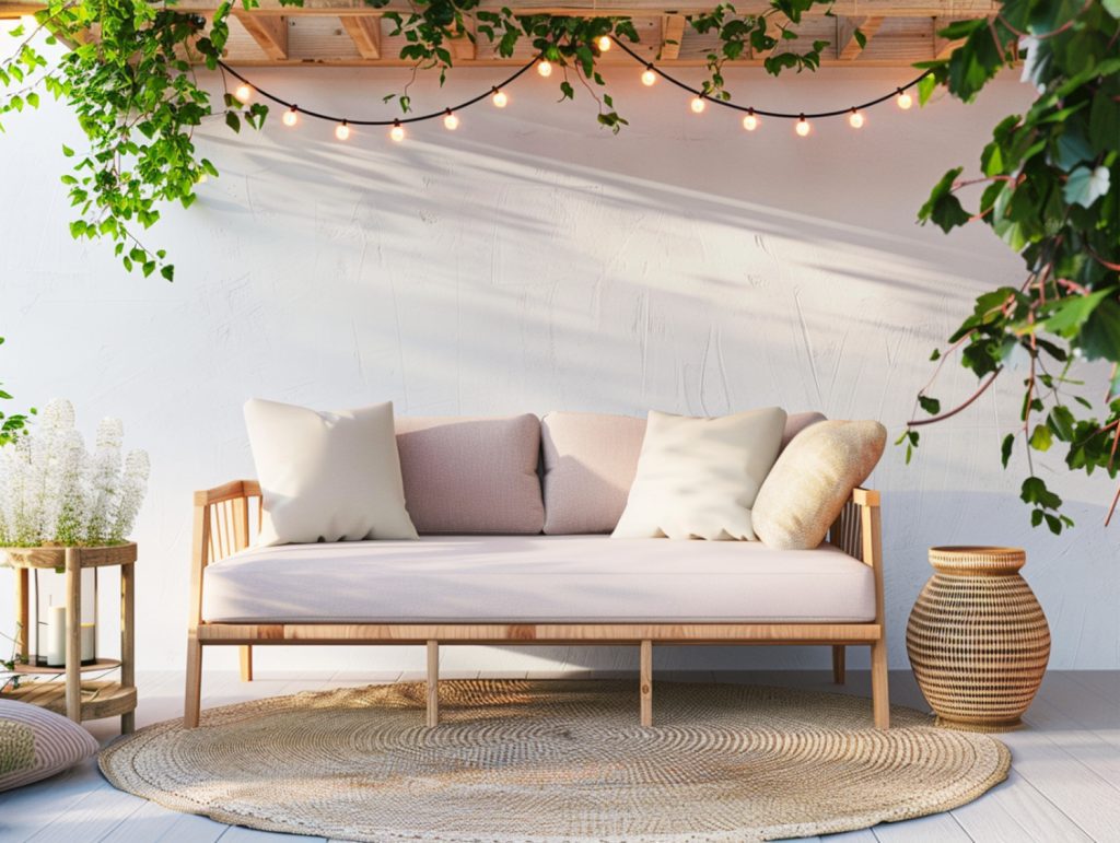 Drewniana sofa tarasowa z poduszkami w stylu boho