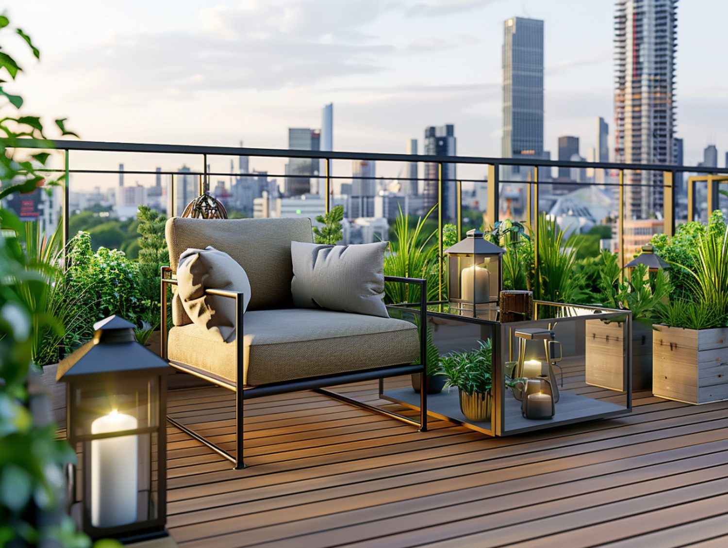 Nowoczesna aranżacja tarasu z fotelami i widokiem na miasto