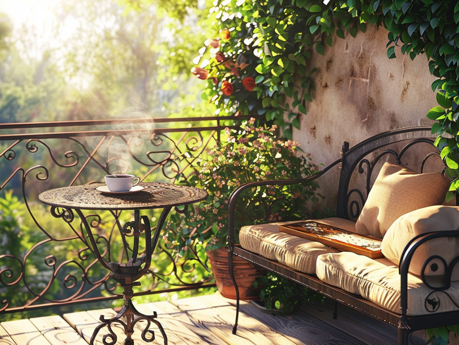 Żelazny stolik i sofa ogrodowa na romantycznym balkonie w stylu retro