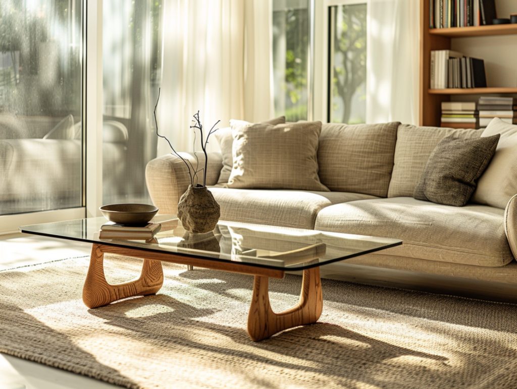 Salon w stylu naturalnym z beżową sofą i stolikiem ze szkła i drewna