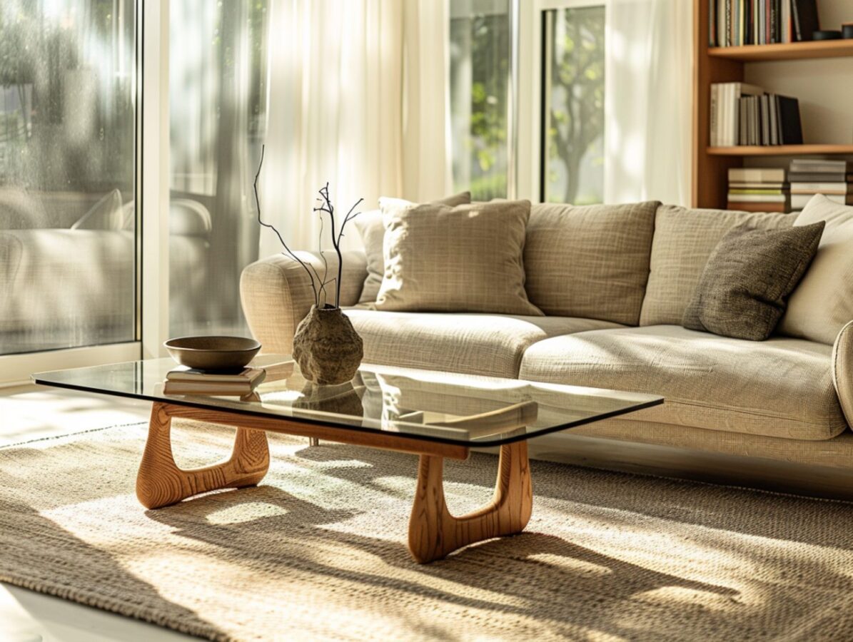 Salon w stylu naturalnym z beżową sofą i stolikiem ze szkła i drewna