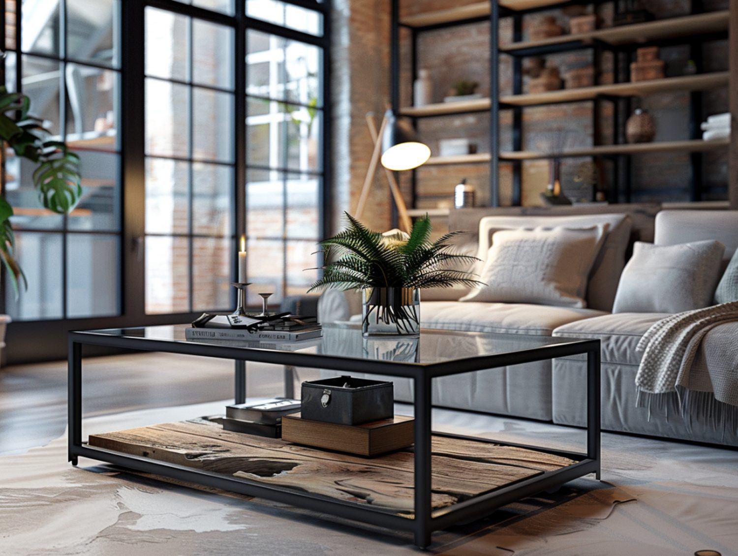 Loftowy stolik kawowy z metalową ramą i szklaną półką