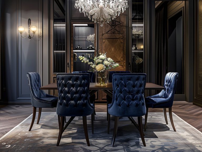 Luksusowy zestaw jadalniany z granatowymi krzesłami i ciemnym stołem