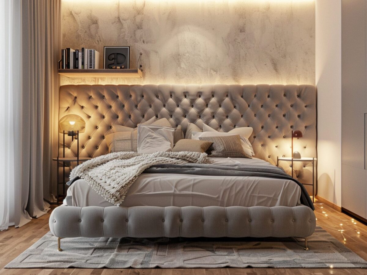 Łóżko tapicerowane z wysokim pikowanym zagłówkiem i LED w stylu glamour