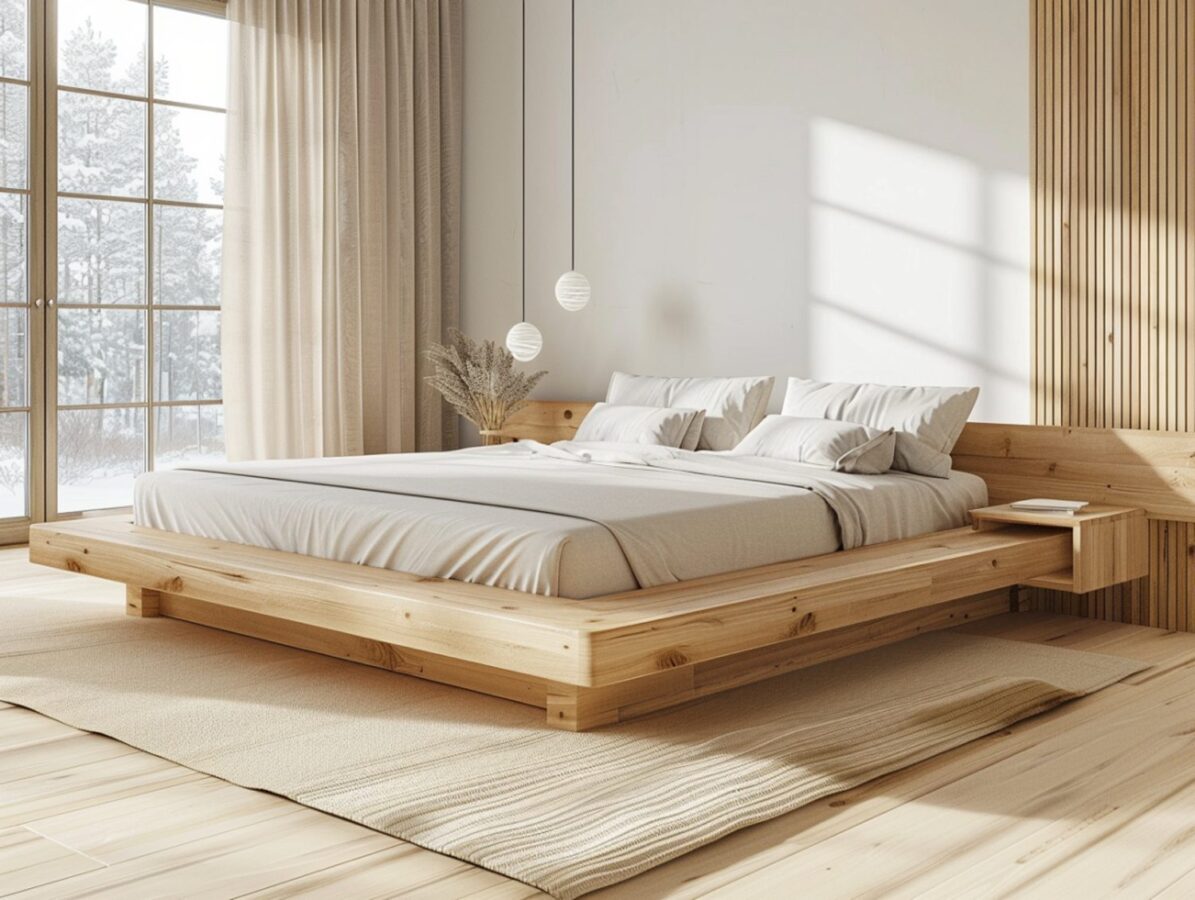 Drewniane łóżko w stylu skandynawskim z niską ramą i pościelą
