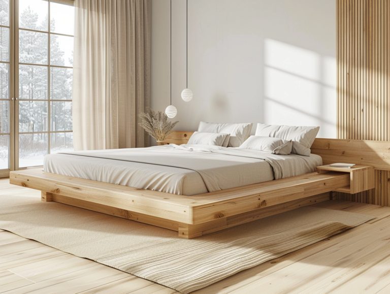 Drewniane łóżko w stylu skandynawskim z niską ramą i pościelą