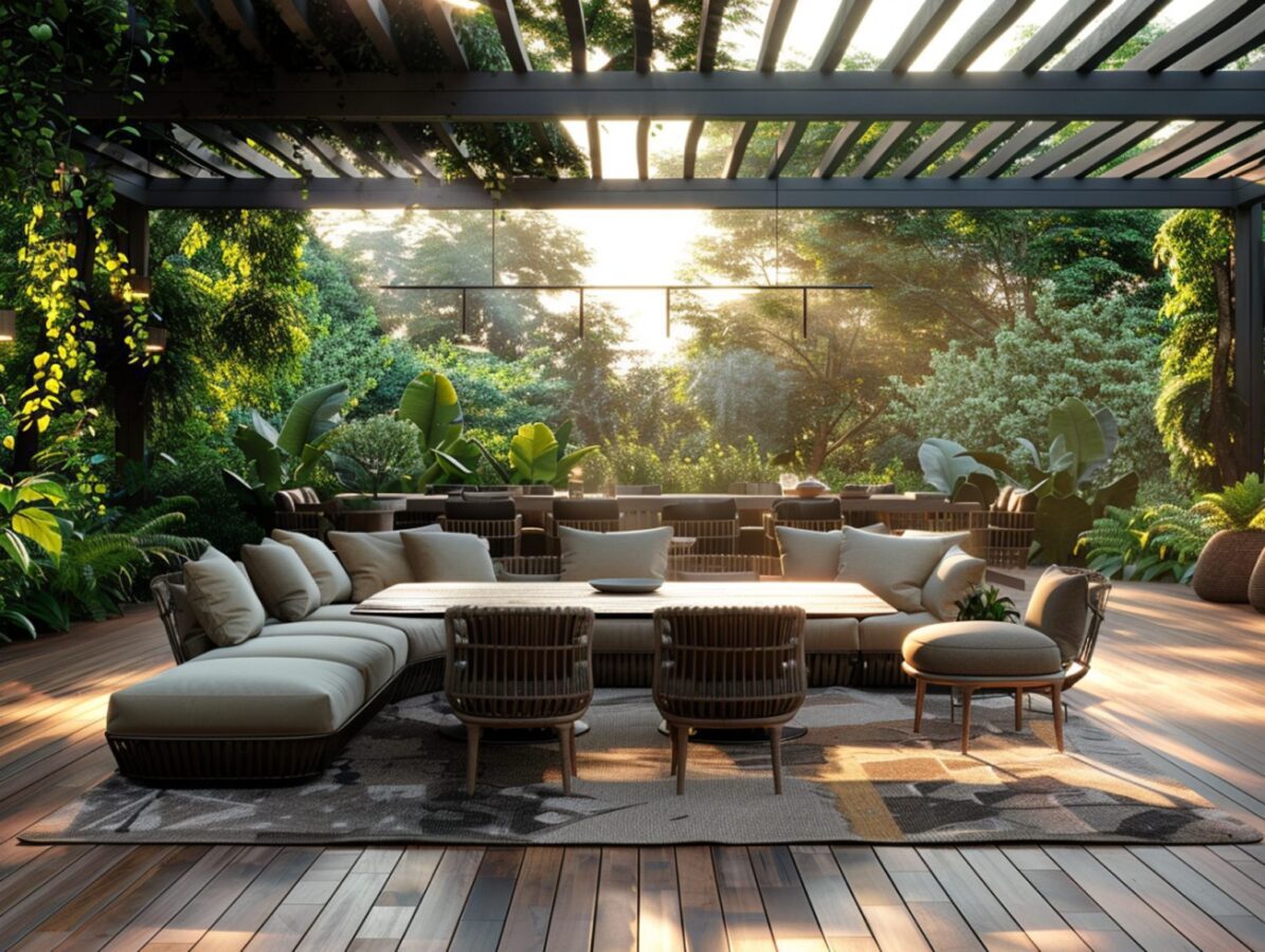 Nowoczesna strefa wypoczynkowa na tarasie z meblami ogrodowymi z technorattanu