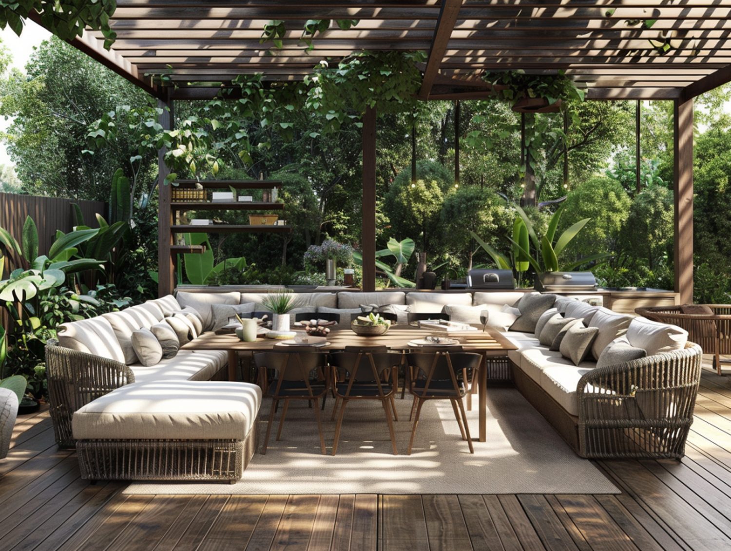 Ogrodowy zestaw wypoczynkowy z poduszkami i pergolą