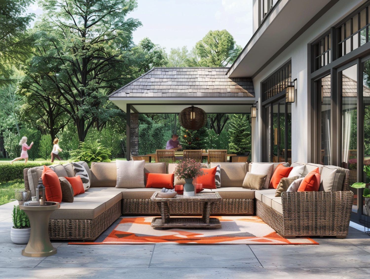 Zestaw wypoczynkowy na taras z poduszkami w odcieniach beżu i pomarańczu