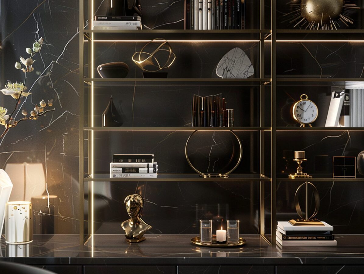 Czarna półka z metalu i szkła z oświetleniem LED do salonu loftowego