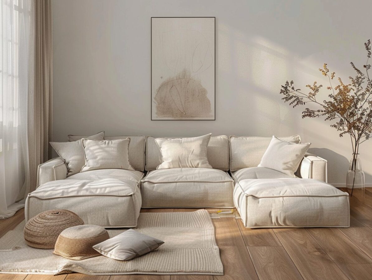 Duża beżowa sofa modułowa w stylu japandi z poduchami