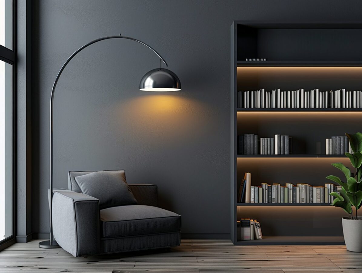 Ciemnoszary fotel wypoczynkowy z regałem w stylu industrialnym