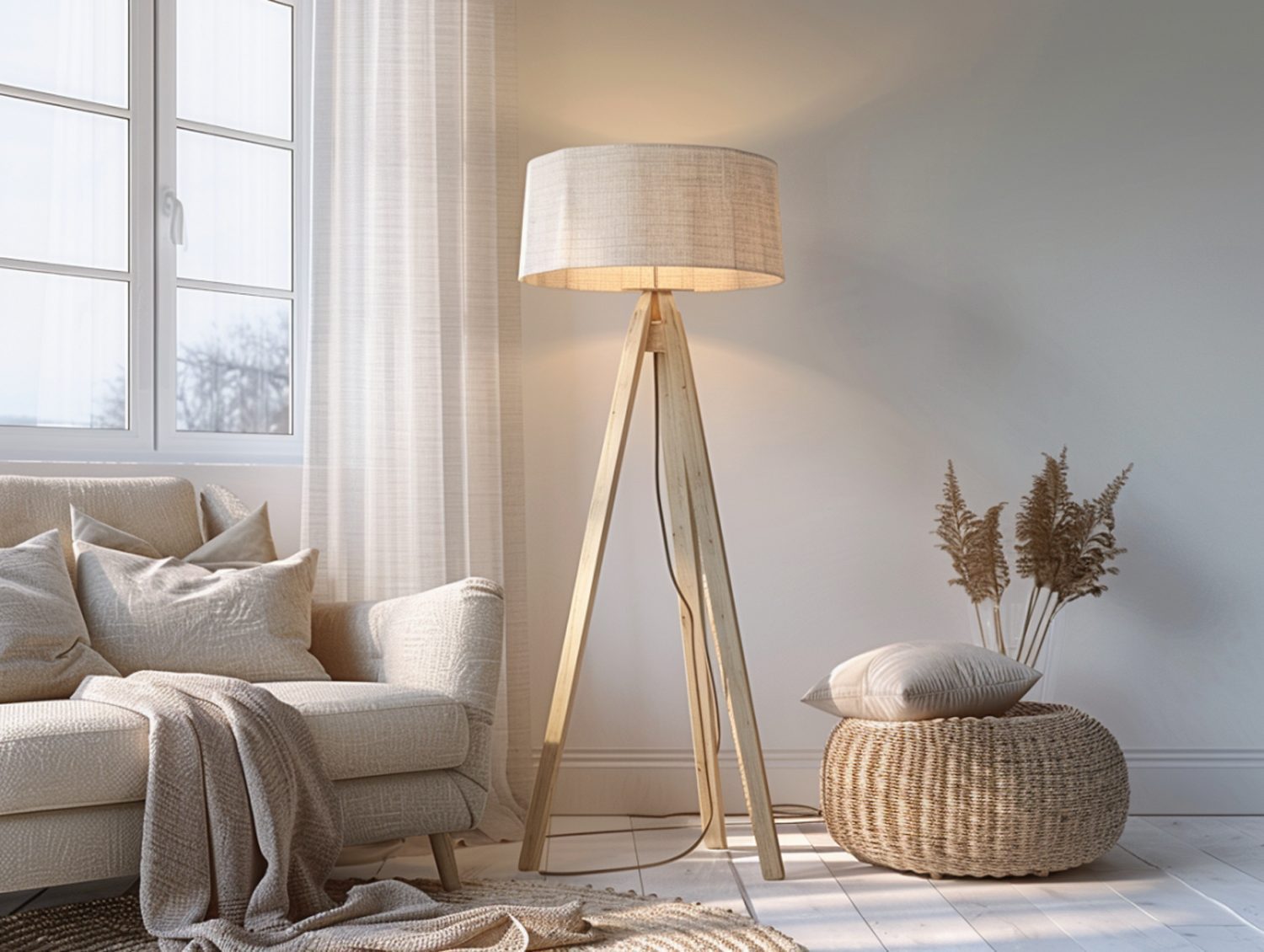 Drewniana lampa podłogowa w stylu boho przy beżowej sofie