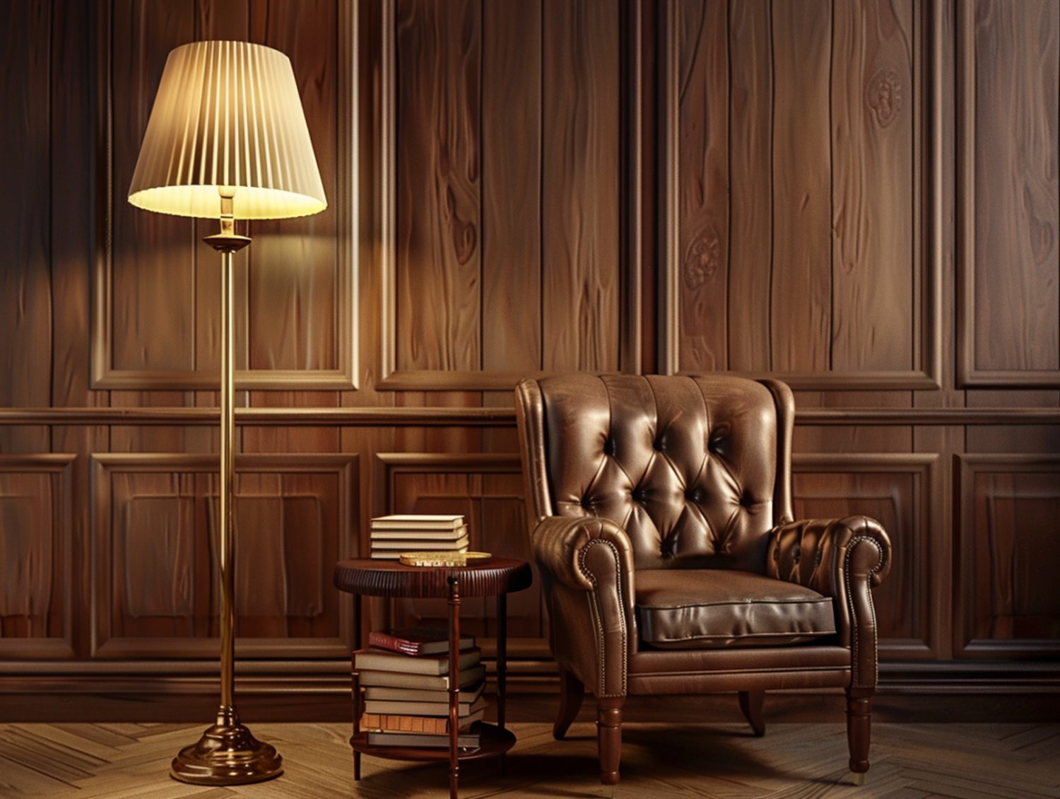 Klasyczny skórzany fotel pikowany w gabinecie z drewnianymi panelami