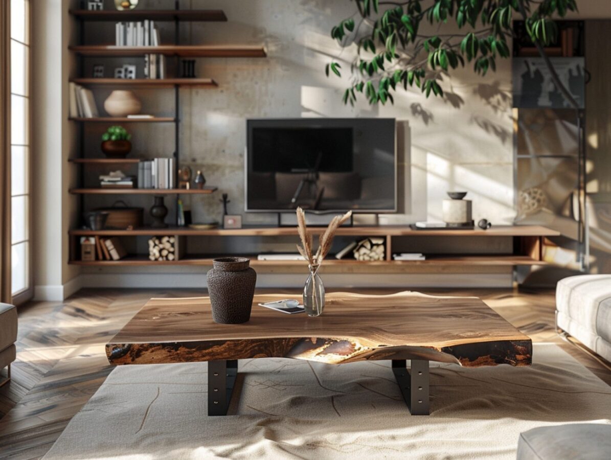 Loftowy salon z drewnianym stołem i nowoczesną zabudową RTV